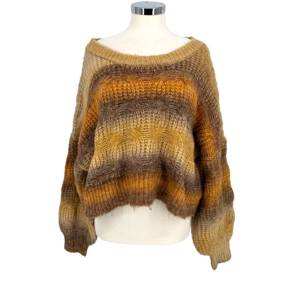 POL Striped Oversized Wide Neck Cableknit Sweater Brown Yellow Size Small - Picture 1 of 12